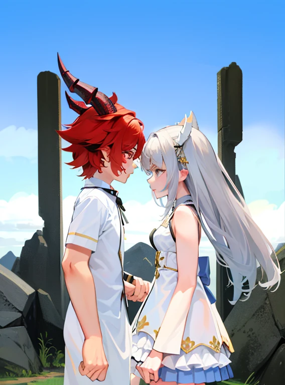 Masterpiece，Best quality，High details，1boys，1girll，Girl with long gray hair，Girl wears white shirt, Pleated skirt, Black mid-tube socks，1boys，（red-haired boy：1.5），Boys have muscles, red horn, red eyes，The boy looked more fierce，The boy is very handsome，Boy touches girl's breast，The girl is short，The boy is tall，（Reflects the height difference between boys and girls：1.5），（The girl is 150 cm tall：1.5），（The boy is 195 cm tall：1.5），The boy has a face，The boy is the main part of the picture，The girl is skinny，The girl was lovely，（The girl is super short and super small），Being in a hotel