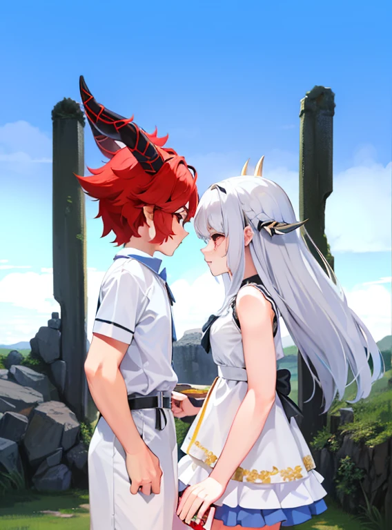 Masterpiece，Best quality，High details，1boys，1girll，Girl with long gray hair，Girl wears white shirt, Pleated skirt, Black mid-tube socks，1boys，（red-haired boy：1.5），Boys have muscles, red horn, red eyes，The boy looked more fierce，The boy is very handsome，Boy touches girl's breast，The girl is short，The boy is tall，（Reflects the height difference between boys and girls：1.5），（The girl is 150 cm tall：1.5），（The boy is 195 cm tall：1.5），The boy has a face，The boy is the main part of the picture，The girl is skinny，The girl was lovely，（The girl is super short and super small），Being in a hotel