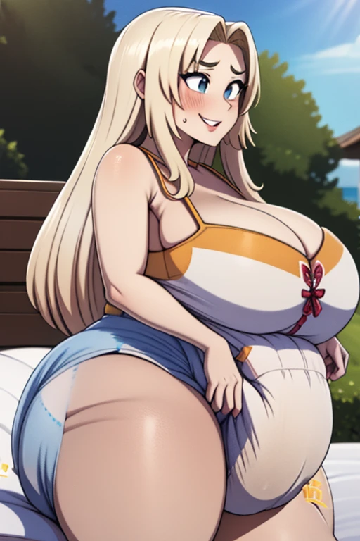 Tsunade Senju, 1 girl, ((bimbo))), long blond hair, cute smile face, puffy lips, painted lips, thick lips, wide hips, thick thighs, huge ass, screaming lust face , enormous huge natural breasts, mature mom, white bra, in my bed, kissing another woman, huge bloated overflowing saggy beach ball diaper about to burst