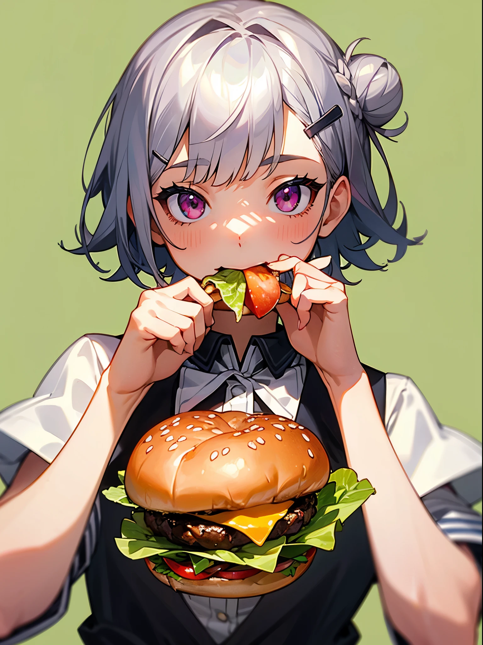 (Best Quality,hight resolution,Ultra-detailed),Eating a hamburger, Short hair with silver bob styled in a bun with hair clip, Pink eyes, Hamburger, lettuce, fruits, tomatoes, onion, Bokeh background, depth of fields, Verdure, cheese