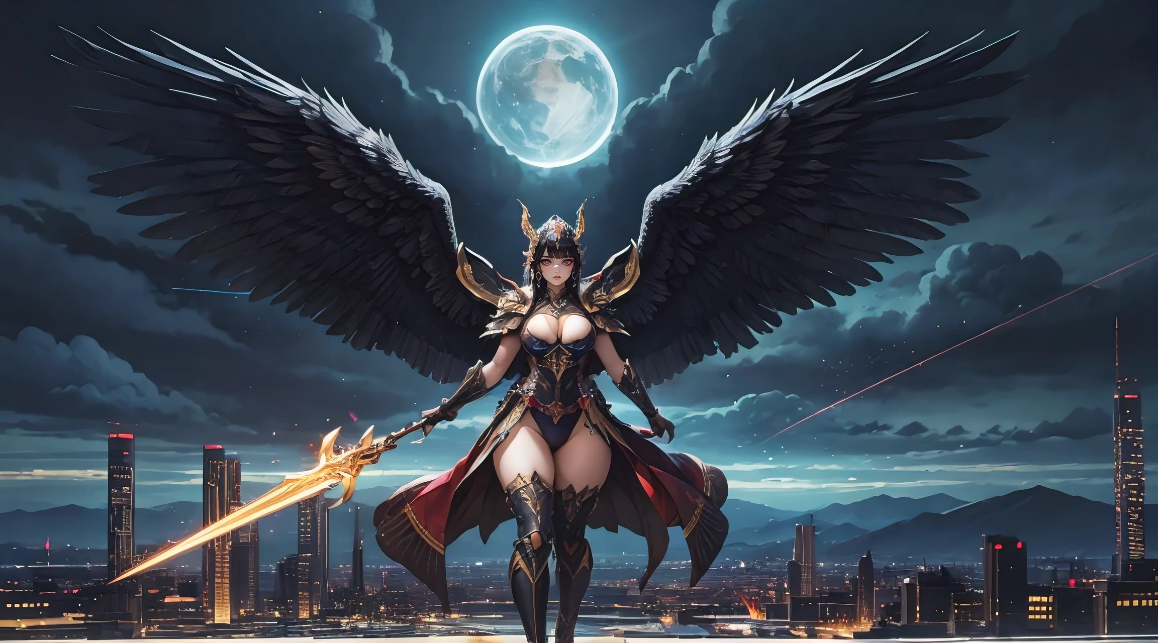 masterpiece, best quality, ultra-detailed, photorealistic, perfect slim fit body, thick thighs, huge breasts, a dark faerie, eagle wings, eagle themed armor with ancient runes and markings, holding up a lance, brown and gold, fierce, flying pose, futuristic city, cinematic, sky, clouds, city skyline, shot from above, late evening