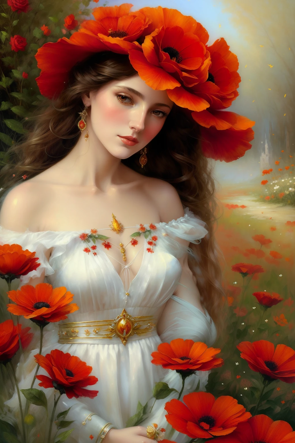 Painting of a woman in a white dress and red flowers., Beautiful Maiden, Goddess in the Field of Flowers, beautiful fantasy maiden, karol bak uhd, beautiful fantasy art, The Art of Édouard Bisson, Flower Goddess, beautiful fantasy art portrait, beautiful gorgeous digital art, painting of beautiful, very beautiful fantasy art, beautiful digital artwork, beautiful goddess