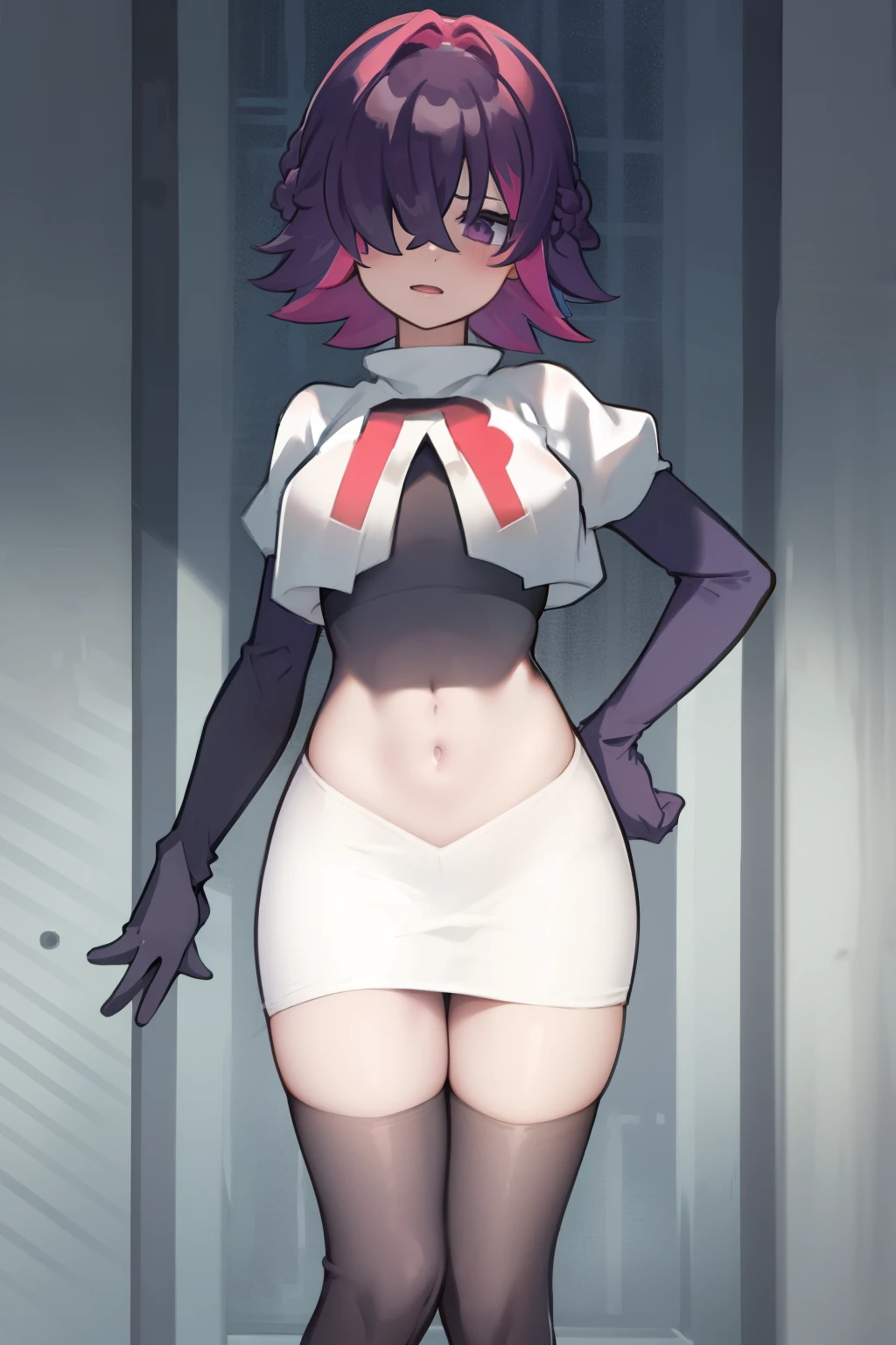 (extremely detailed CG), (best quality), perfect face, shiny skin, lustrous skin,wide hips,  narrow waist,  1girl,solo ,     DotPoke, hair over one eye, purple eyes,short hair, multicolored hair, pink hair, purple hairhair over eyes, team rocket,team rocket uniform,white skirt,red letter R,crop top,black thigh-highs,black elbow gloves,