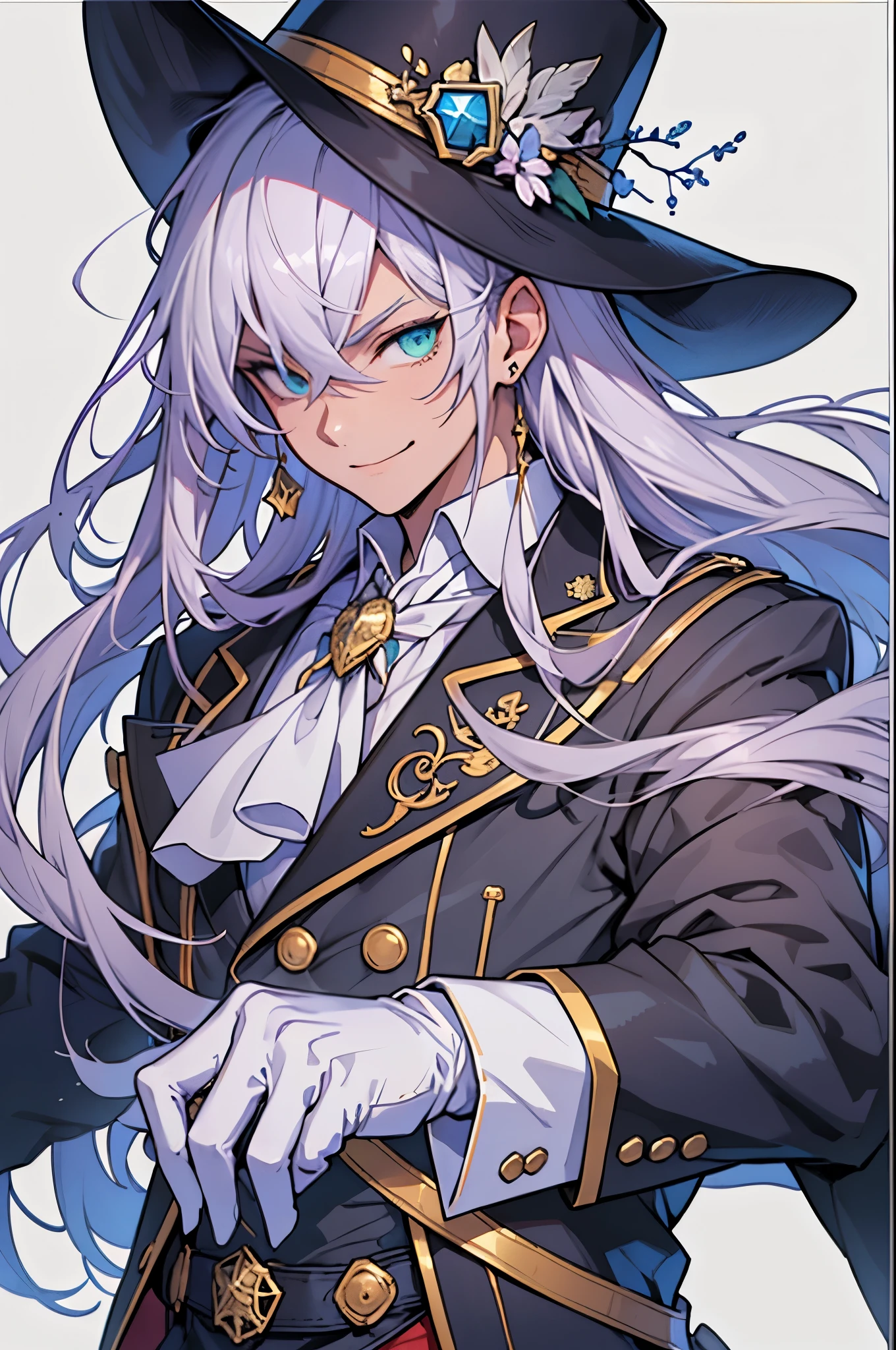 Anime-style, Solo, 1boy, portrait of a Phantom Thief, mature male, tall, long hair, (Swept bangs), Mint eyes, Tailcoat, White tie, (silk hat), white gloves, little smile, (white background), empty background, ultra-detailed face, detailed eyes, best quality, beautiful hair, sharp and crisp image, high quality textures, highly detailed, professional shading, perfectly structured,