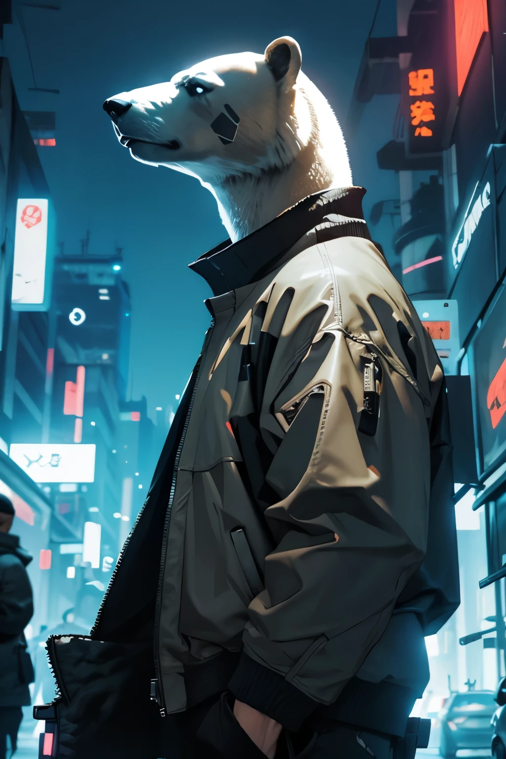 Cyberpunk Style, 1 bear, futuristic, polarbear