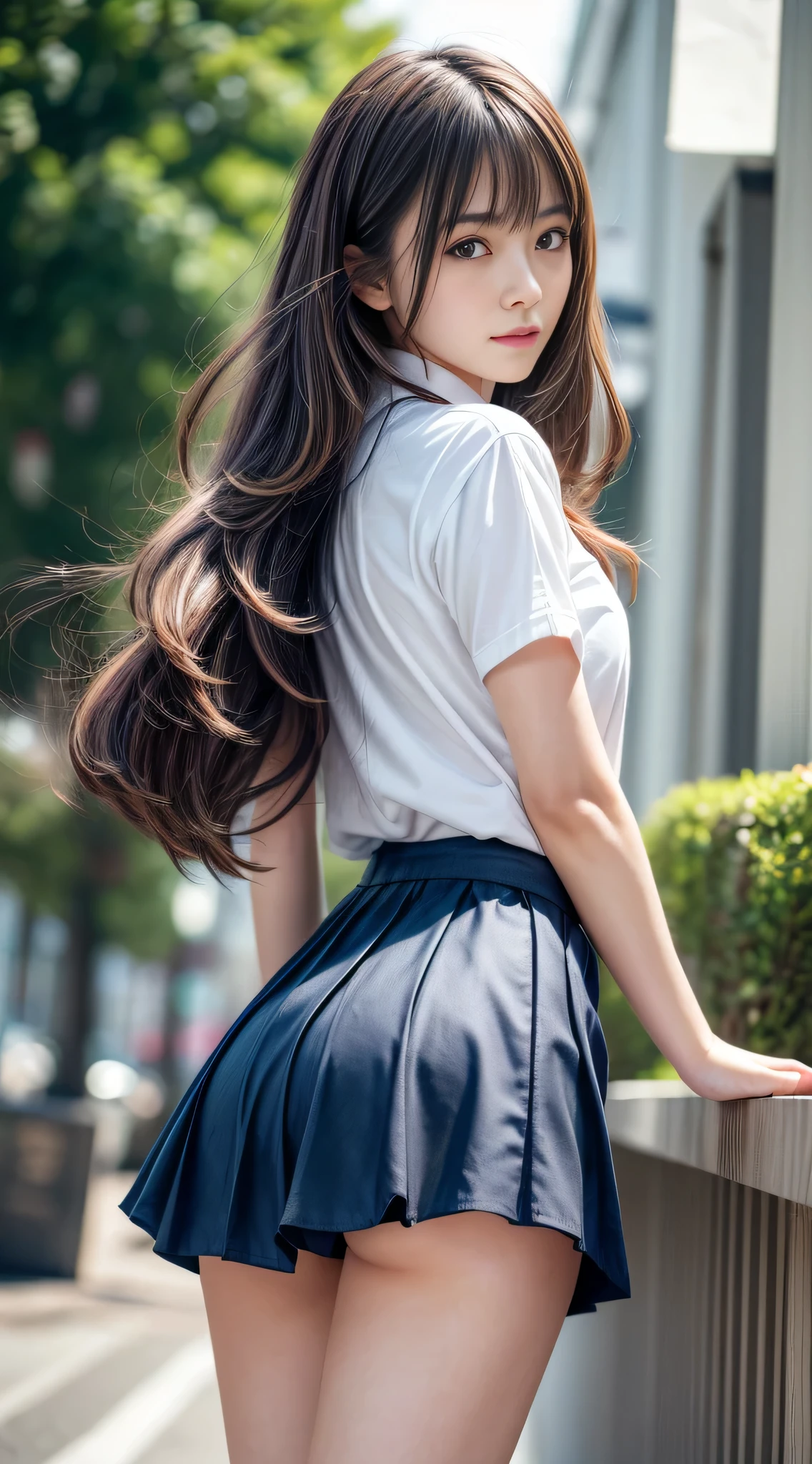 (A hyper-realistic), (illustratio), (hight resolution), (8K), (A highly detailed), (The best illustrationeautiful detailed eyes), (top-quality), (Very detailed), (masterpiece), campus,University, (Detailed face), (Solo, )1 schoolgirl, White wavy hair, Dichromatic eyes, large full breasts, Long leg, Firm abs, Dynamic Posing,Skirt,a sailor suit,Ultra mini skirt,一人の女子University生,Make your underwear visible,Street,Looking back,Skirt blowing in the wind,Skirt with visible buttocks,Poses variadas,colorful skirts,Gorgeous panties,(((Skirt blown by the wind)))(((Skirt with visible buttocks))),sexy panties,panty focused,Sexy buttocks,big butts,glamour ass,A slight smil