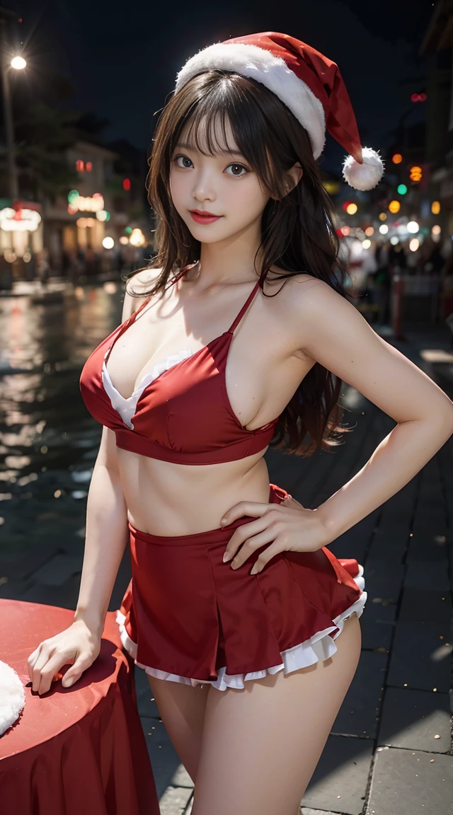 1 japanese girl, Looking at the snowy amusement park, dressed in圣诞比基尼服装的年轻女子双腿分开站立,bikini bikini bikini, Married woman, 摩洛解放阵线, mature, 巨bigger的惊人女神拍摄, Japan goddess, Very sexy, 强bigger而巨bigger, It's jaw-droppingly beautiful, Japan goddess, 非常bigger的, bigger, ((Santa Claus Miniskirt Costume and Hat)), (dressed in:Red mini bikini,Embellished with white bikini, Thick black band, Red long leather bootigger腿可见), (lean forward to you), (Fireworks are set off in the amusement park at night), in the snow, (Background with: City at night decorated with Christmas lights), 动物角色在Background with中跳舞, ((quality, 8K, On a table:1.3)), Whole body ESBIAN, long leges, Beautiful woman with perfect figure:1.4, Slim abs:1.1, ((dark brown hair、巨bigger的山雀:1.2)), Highly Detailed Face and Skin Textur, 詳細な目, 二重まぶた, (Look from the bottom up), from knee to, long slim figure, Smiling, (hair messy, asymmetricalbangs, Light brown hair,)