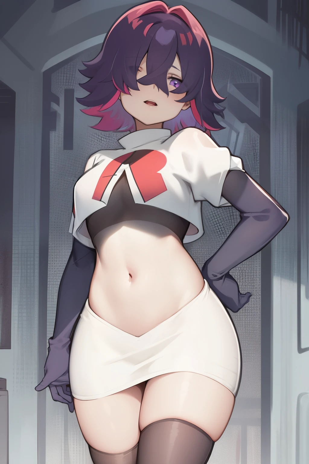 (extremely detailed CG), (best quality), perfect face, shiny skin, lustrous skin,wide hips,  narrow waist,  1girl,solo ,     DotPoke, hair over one eye, purple eyes,short hair, multicolored hair, pink hair, purple hairhair over eyes, team rocket,team rocket uniform,white skirt,red letter R,crop top,black thigh-highs,black elbow gloves,