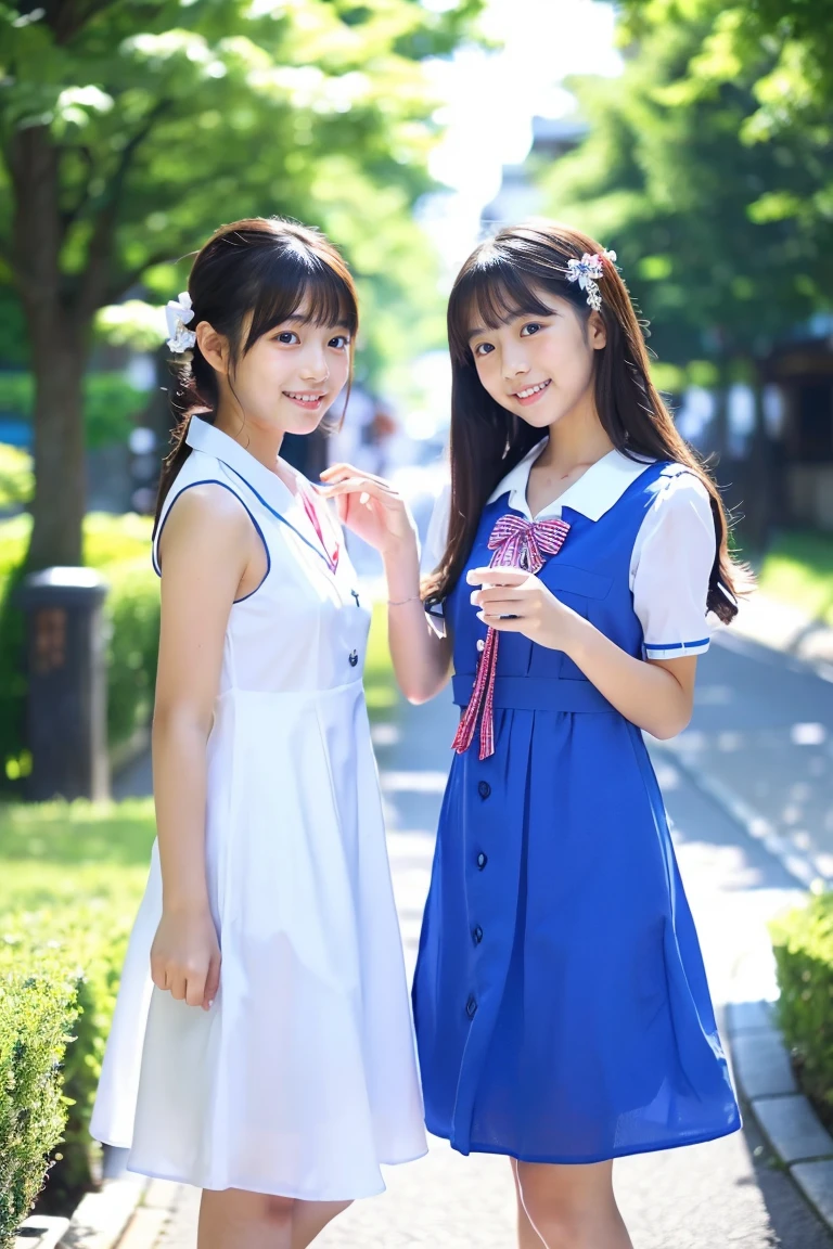 2 girls on bench in Japanese city,short-sleeved white leotard with plaid frills,white collar and plaid bow tie,school bags,18-year-old,bangs,a little smile,large bare thighs,knees,legs apart,short hair with low pigtails,from before,front light