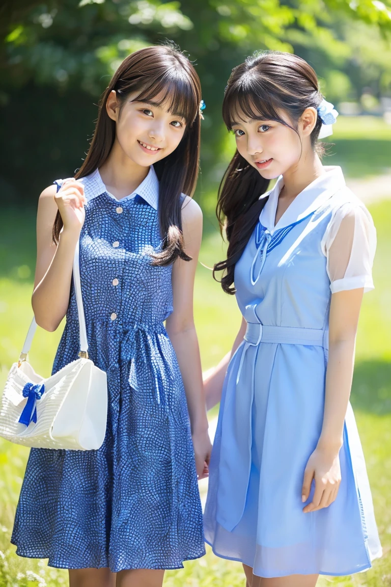 two beautiful japanese girls、(Beautiful girl wearing a white summer dress、15yo student、)、(Beautiful girl wearing a blue collared summer dress、14years、)