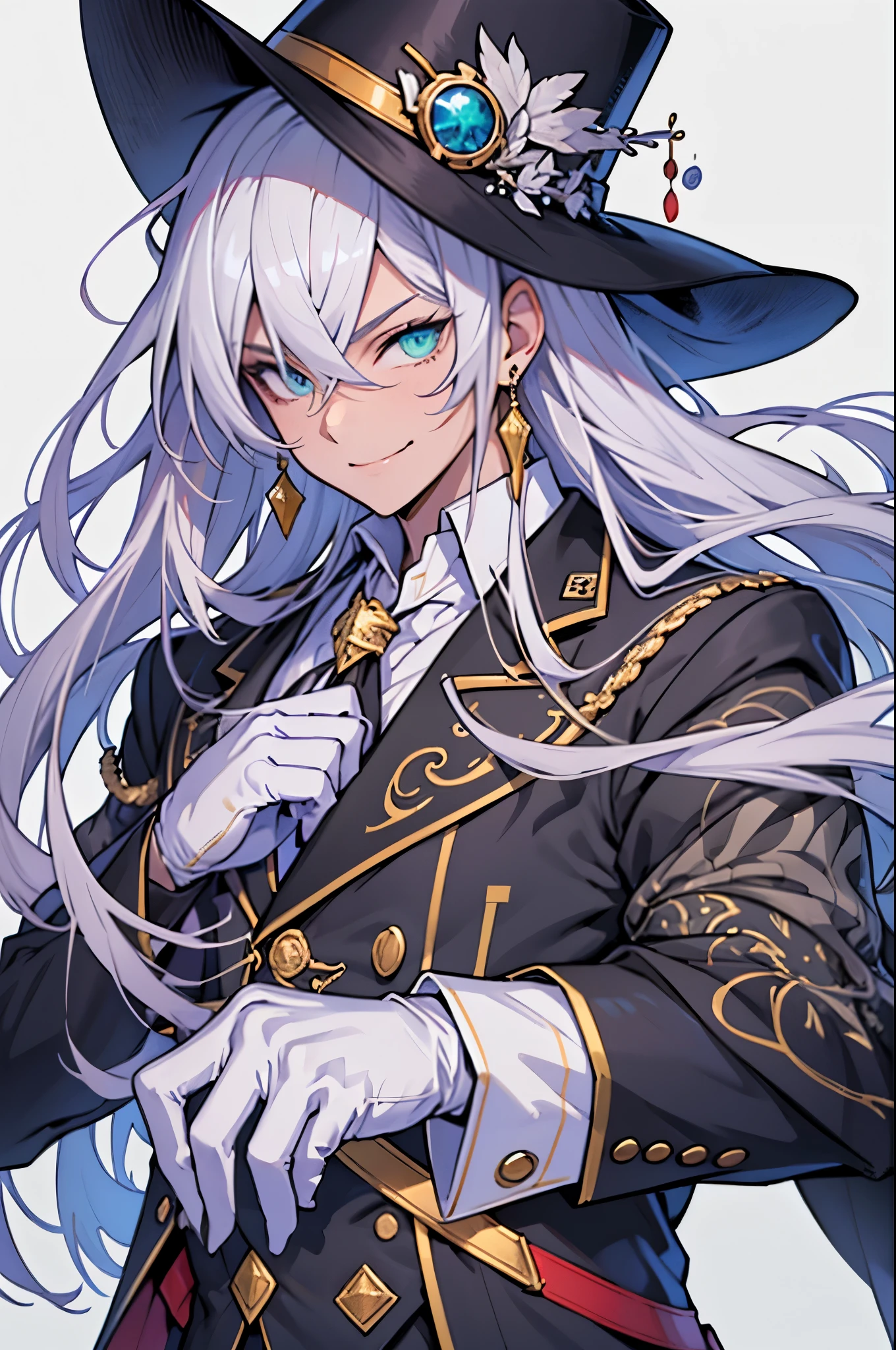 Anime-style, Solo, 1boy, portrait of a Phantom Thief, mature male, tall, long hair, (Swept bangs), Mint eyes, Tailcoat, White tie, (silk hat), white gloves, little smile, (white background), empty background, ultra-detailed face, detailed eyes, best quality, beautiful hair, sharp and crisp image, high quality textures, highly detailed, professional shading, perfectly structured,