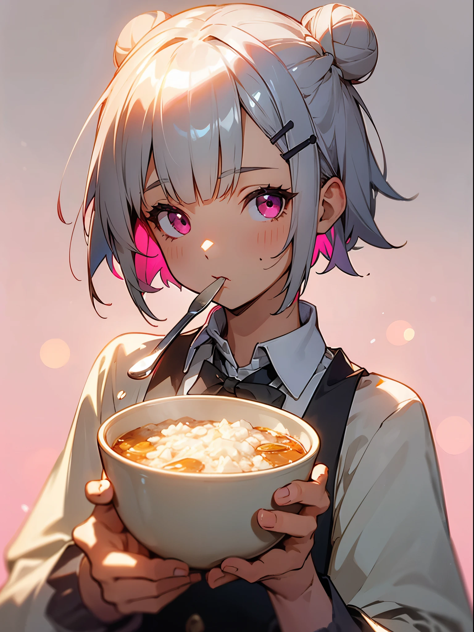 (Best Quality,hight resolution,Ultra-detailed),eat porridge, Short hair with silver bob styled in a bun with hair clip, Pink eyes、spoons, Bokeh background, depth of fields