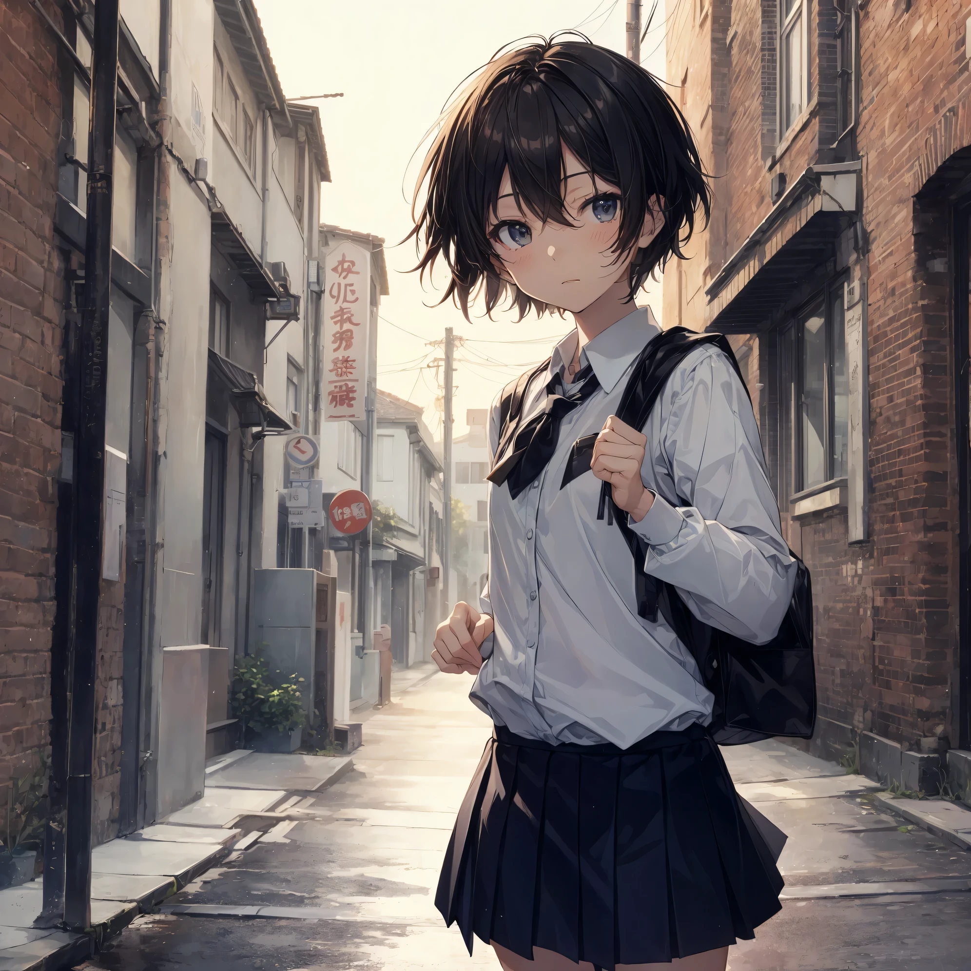 Super high quality by the art god, Ultra-detailed, High resolution, Shinkai Makoto style, anime moe art style, best anime 8K konachan wallpaper, Pixiv Contest Winner, Perfect Anatomy, BREAK,(Please draw a sleepy girl going to school alone.. ),BREAK, a hyperrealistic schoolgirl, (Solo,Lori,,13yea:1.3),Full limbs, complete fingers,a junior gynous attraction, (extra very short hair), hair messy, flat and soft chest, Small butt, groin, Small eyes,Beautiful detailed black eyes, Well-proportioned iris and pupils, disgusted eye, High resolution detailed hair, School uniform, Skirt, On the way to school. BREAK,Ultra-detailed細なスキン, Best lighting by famous artists, 8K, Illustration,