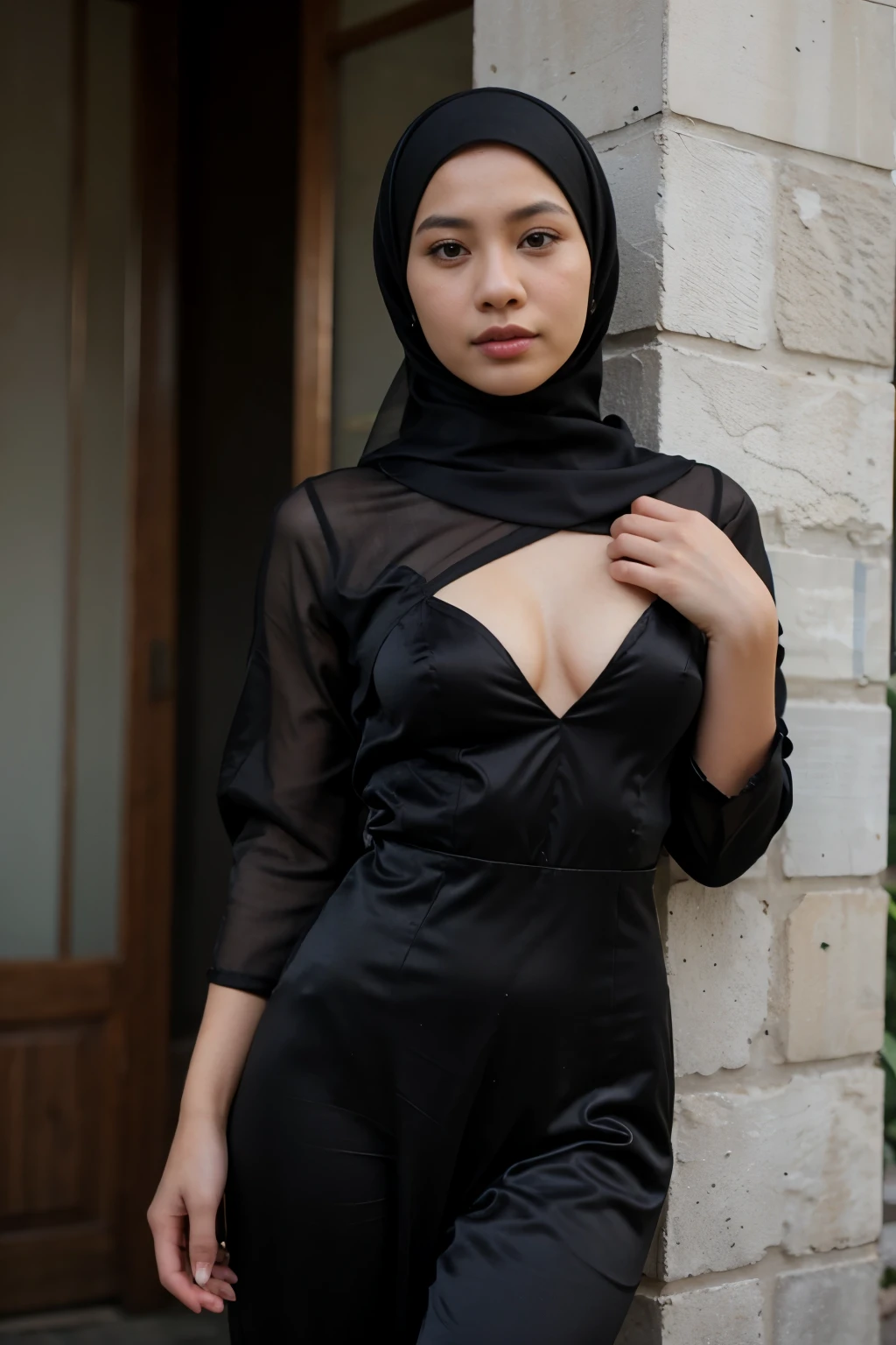 A 52 years old naked Indonesian woman in hijab, very dense pubic hair, darker skin, curvier body, short body, flat-chested, small breasts, villager, poor girl, wearing floral pattern hijab, wearing black long sleeve tight t-shirt, bottomless, wearing no pant, wearing no skirt, wearing no panties, smiling and standing in village, look to the viewer with eye close