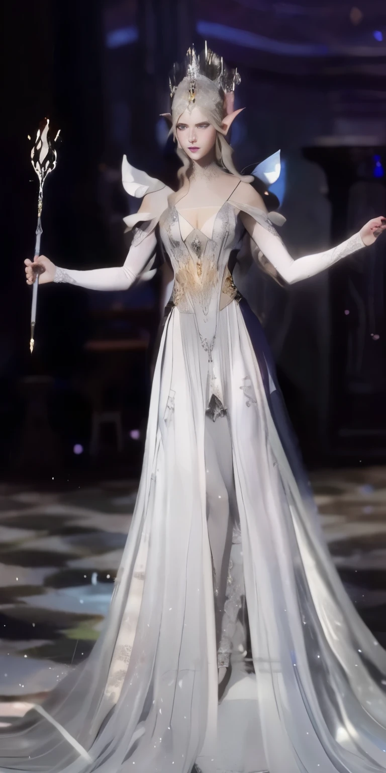 One in a white dress、with an eye patch，Close up of woman holding magic wand, emma watson as the A queen of , 幻想服eautiful and elegant elf A queen, Wear your dreamy formal attire, White Witch,  A queen, the  A queen, ornate flowing silvered robes, an elf A queen, clear outfit design, elf A queen, beautiful ancient frost witch, ((beautiful fantasy empress))