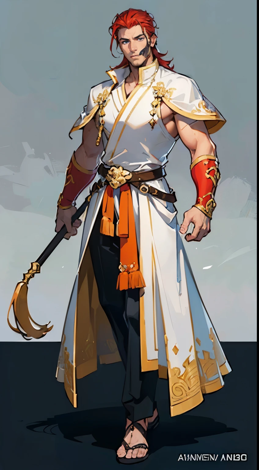 ((masterpiece,best quality,8k,highres)),((character concept art)), 1 male, middle-age man, Ashura King, 250 cm tall, slicked back hairstyle, (red hair colour), ultra finely detailed eyes, (blue eyes colour), extraordinary handsome, charming, (gentle smile), extremely body build ((muscular)), beefy body shape, ((intricate detail)), super finely detailed hands, ultra finely detailed fingers(((ten fingers))), sleeveless royal king outfit (gold colour outfit), stylish leather dress sandals, (standing still), (full body showcase), (show full body), (no logos on background), (no logo), ((plain background)), ((plain background)), (((empty background)))
