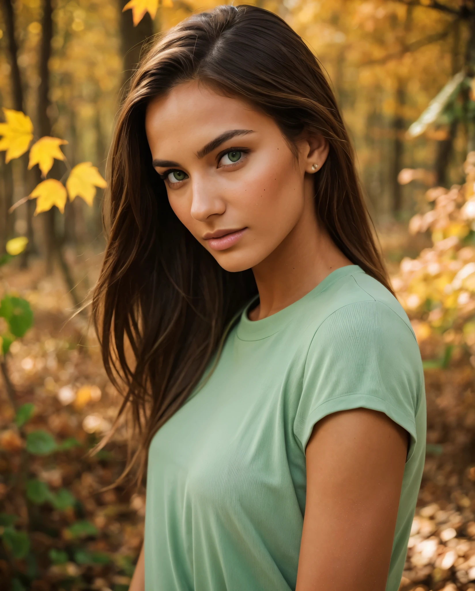instagram supermodel full body, polaroid grain, autumn in germany, brown hair, perfect face, tan skin, victoria secret model, arab mega model beauty, light green eyes, natural lighting, arrogant sexy look, no teeth showing, closed mouth, small pointy nose,