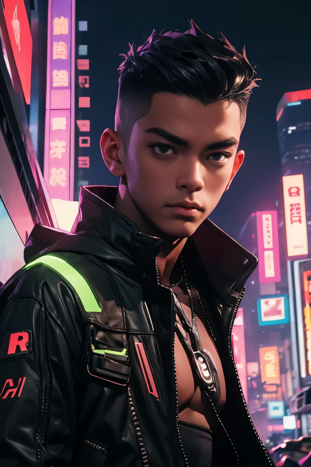 Cyberpunk Style, 1 male, malay, malaysia, malaysian, background neon, kuala lumpur, dark skin