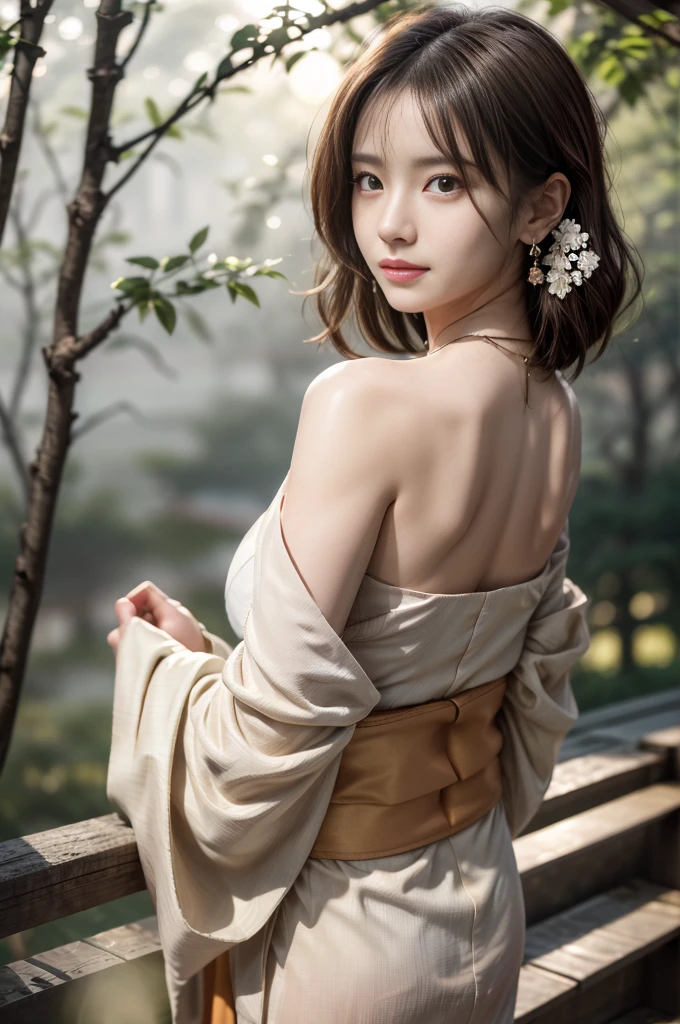 (Photoreal Stick:1.5, masutepiece:1.5, RAW shooting, 8K), (top-quality, masterpiece, 超A high resolution), morning, January, Precincts of the shrine, ((fog the lens:1.4)), ((Shoot with blur:1.5)), ((sunrises, Sunlight coming in from behind:1.6, Strong sunlight spreads across the screen:1.6)), ((Strong sunlight shines on a woman:1.7)), ((The entire screen appears white and hazy due to strong sunlight.:1.8)), ((The woman looks blurry due to the strong sunlight:1.9)), Face Sharp Focus:1.3, Professional camera work:1.3, Highly detailed skin and facial texture:1.3, Grow Light Effect, The ultra-detailliert:1.3, 1girl in, Fair skin, (Sense of clarity:1.4, a small face), Extremely beautiful face:1.5, (Sense of clarityを感じる目:0.9, looking distantly), A smile:1.0, i love you completely:0.8, (Slightly open mouth:0.4, Sense of clarityを感じる口当たり:0.7), 二重まぶた, Dark brown medium hair, necklace and earrings, (japanese kimono, off shoulders)