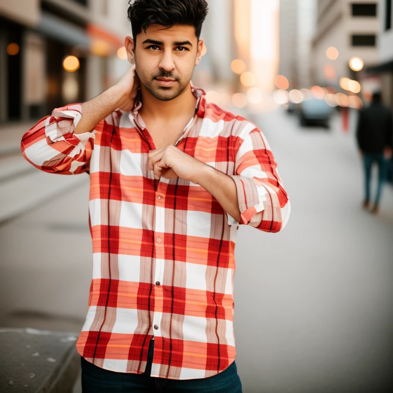 arafed man in a plaid shirt standing on a street corner, wearing in shirt, modeling shoot, casual photography, in city street, background blur, shot on nikon z9, shot on sony a 7, modeling photography, edited in photoshop, handsome man, candid picture, shot on canon eos r 5, shot on canon eos r5