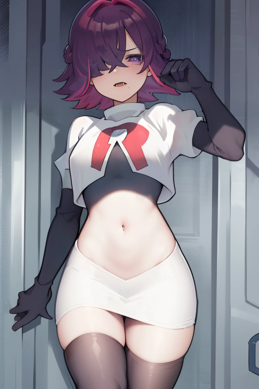 (extremely detailed CG), (best quality), perfect face, shiny skin, lustrous skin,wide hips,  narrow waist,  1girl,solo ,     DotPoke, hair over one eye, purple eyes,short hair, multicolored hair, pink hair, purple hairhair over eyes, team rocket,team rocket uniform,white skirt,red letter R,crop top,black thigh-highs,black elbow gloves, eating donut