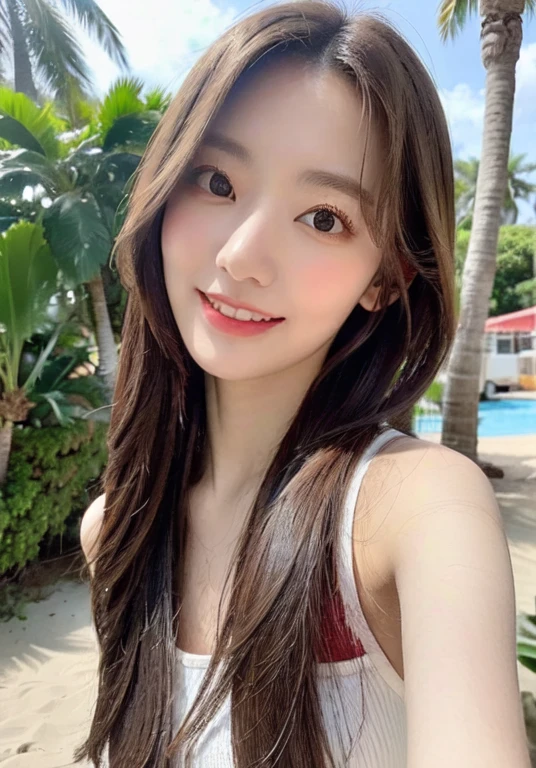 A realism photography, cinematography, sharp focus, Cinematic lighting, details, ultrarealistic, hyperdetailed, ((Best qualtiy, master-piece:1.3)), profesional lighting, portrait, Focus:1.2, 1girl,yo,very beautiful, rounded face, tanktop, hot pants:1.1, Highly detailed facial and skin texture, Fine Eyes, korean girl,whitened skin, long hair , bangs, Blush, 5_fingers, day, Happy smile, outside beach eyes, with light makeup, natural makeup, looking directly at the camera, face with artgram, stunning poses on the beach, medium to large size bust, full shot