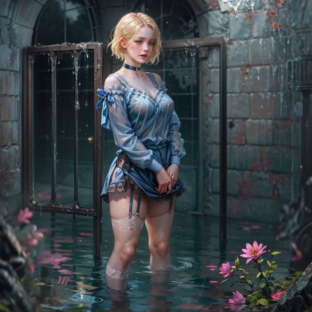 masterpiece, best quality,dutch angle,full body,realistic(painting style,nsfw(1girl, solo),amelia watson,blonde hair, blue eyes, choker, short hair, realistic eyes,wet clothes,translucent,transparent,dripping,babydoll,garter belt,socks,embarrassed,crying face,standing,holding flower,pison,Prison,gaol,underground,dark,