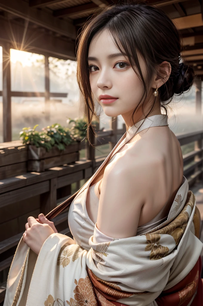 (Photoreal Stick:1.5, masutepiece:1.5, RAW shooting, 8K), (top-quality, masterpiece, 超A high resolution), morning, January, Precincts of the shrine, ((fog the lens:1.4)), ((Shoot with blur:1.5)), ((sunrises, Sunlight coming in from behind:1.6, Strong sunlight spreads across the screen:1.6)), ((Strong sunlight shines on a woman:1.7)), ((The entire screen appears white and hazy due to strong sunlight.:1.8)), ((The woman looks blurry due to the strong sunlight:1.9)), Face Sharp Focus:1.3, Professional camera work:1.3, Highly detailed skin and facial texture:1.3, Grow Light Effect, The ultra-detailliert:1.3, 1girl in, Fair skin, (Sense of clarity:1.4, a small face), Extremely beautiful face:1.5, (Sense of clarityを感じる目:0.9, looking distantly), A smile:1.0, i love you completely:0.8, (Slightly open mouth:0.4, Sense of clarityを感じる口当たり:0.7), 二重まぶた, Dark brown medium hair, necklace and earrings, (japanese kimono, off shoulders)