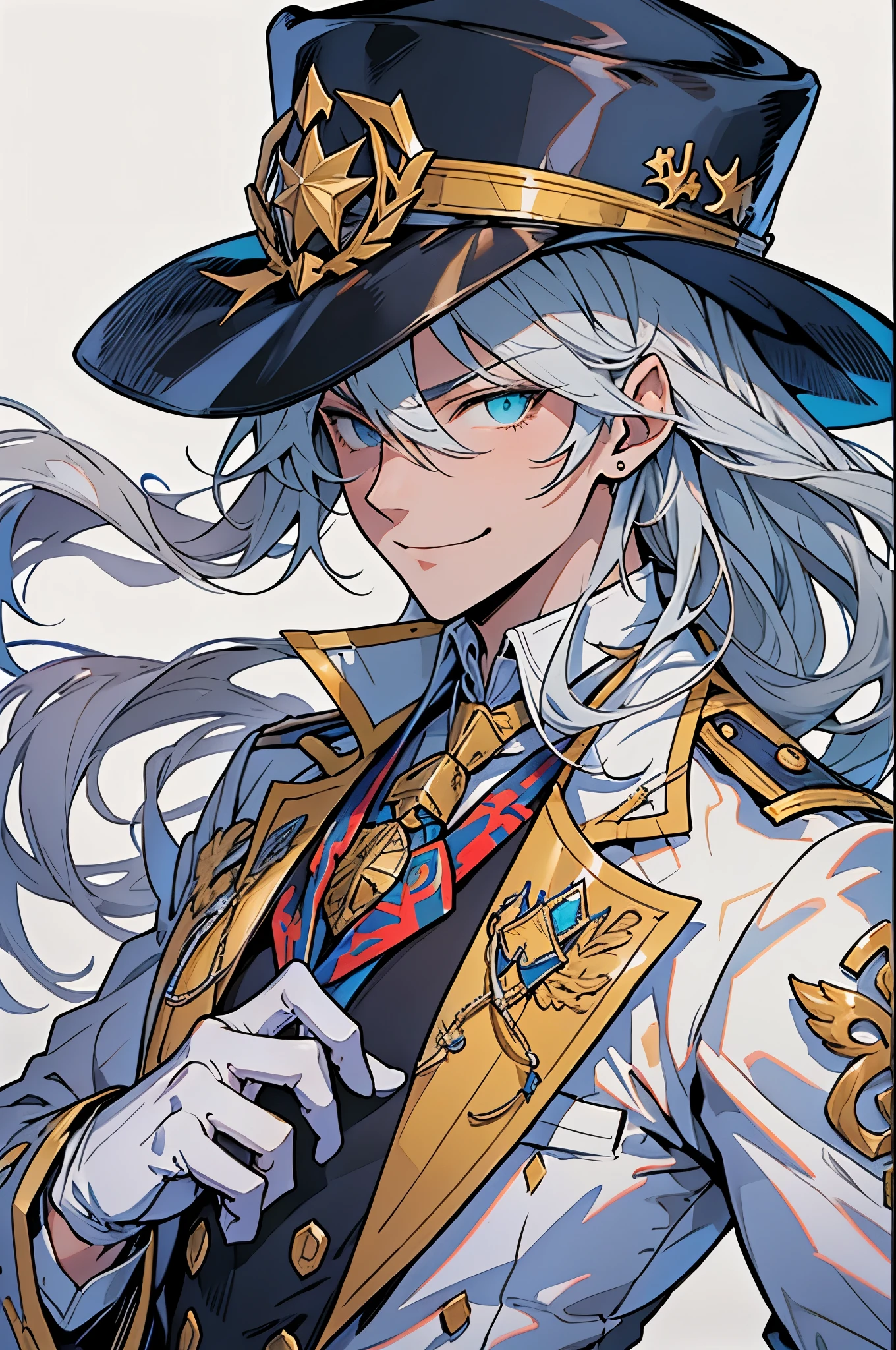 Anime-style, Solo, 1boy, portrait of a Phantom Thief, mature male, tall, long hair, (Swept bangs), silver hair, Mint eyes, Tailcoat, White tie, (silk hat), white gloves, little smile, (white background), empty background, ultra-detailed face, detailed eyes, best quality, beautiful hair, sharp and crisp image, high quality textures, highly detailed, professional shading, perfectly structured,