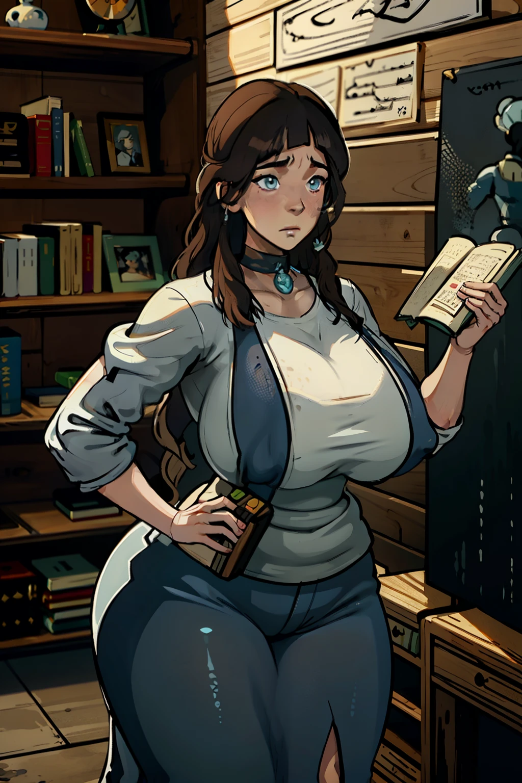 A beautiful woman with green eyes and long wavy brown hair (brown hair) (Trazos detallados) Princess eyes Sexy curvy eyelashes A wooden wall background with bookshelves Expressive drama with a sad look of worry An art for an RPG A medieval art for an RPG ((Cabello largo) ((Cabello largo))