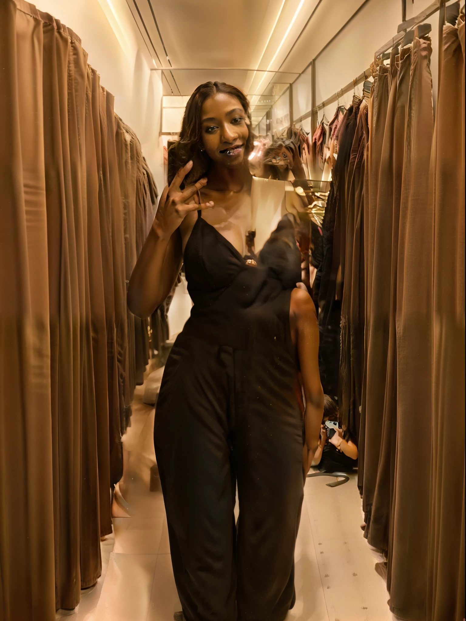 High-resolution, photograph of a ebony beautiful girl, wide smile, triangle body type, proportional body, slender yet busty, big ass, fully clothed, suitable for a popular Instagram post. Fashion-forward and set in changing room, capturing the contemporary and vibrant energy of Instagram's aesthetics. ((perfect face)), ((best quality)), beautiful portrait photography, beautiful eyes, short tousled brown hair, 3 point lighting, flash with softbox, by Annie Leibovitz, 80mm, hasselblad