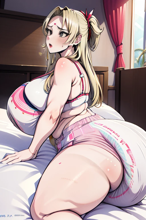 Tsunade Senju, 1 girl, ((bimbo))), long blond hair, puffy lips, painted lips, thick lips, wide hips, thick thighs, huge ass, screaming , enormous huge natural breasts, mature mom, white bra, in my bed, kissing another woman, huge bloated overflowing saggy beach ball panties about to burst