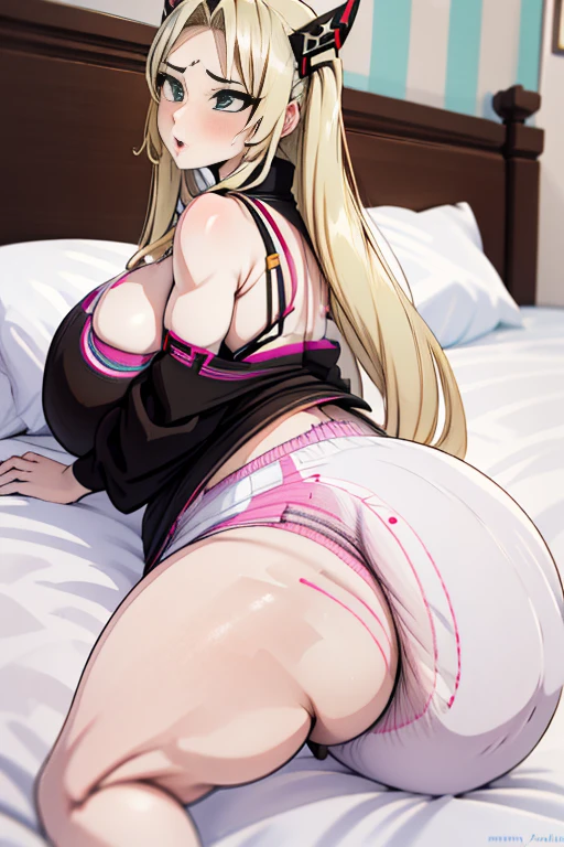 Tsunade Senju, 1 girl, ((bimbo))), long blond hair, puffy lips, painted lips, thick lips, wide hips, thick thighs, huge ass, screaming , enormous huge natural breasts, mature mom, white bra, in my bed, kissing another woman, huge bloated overflowing saggy beach ball panties about to burst