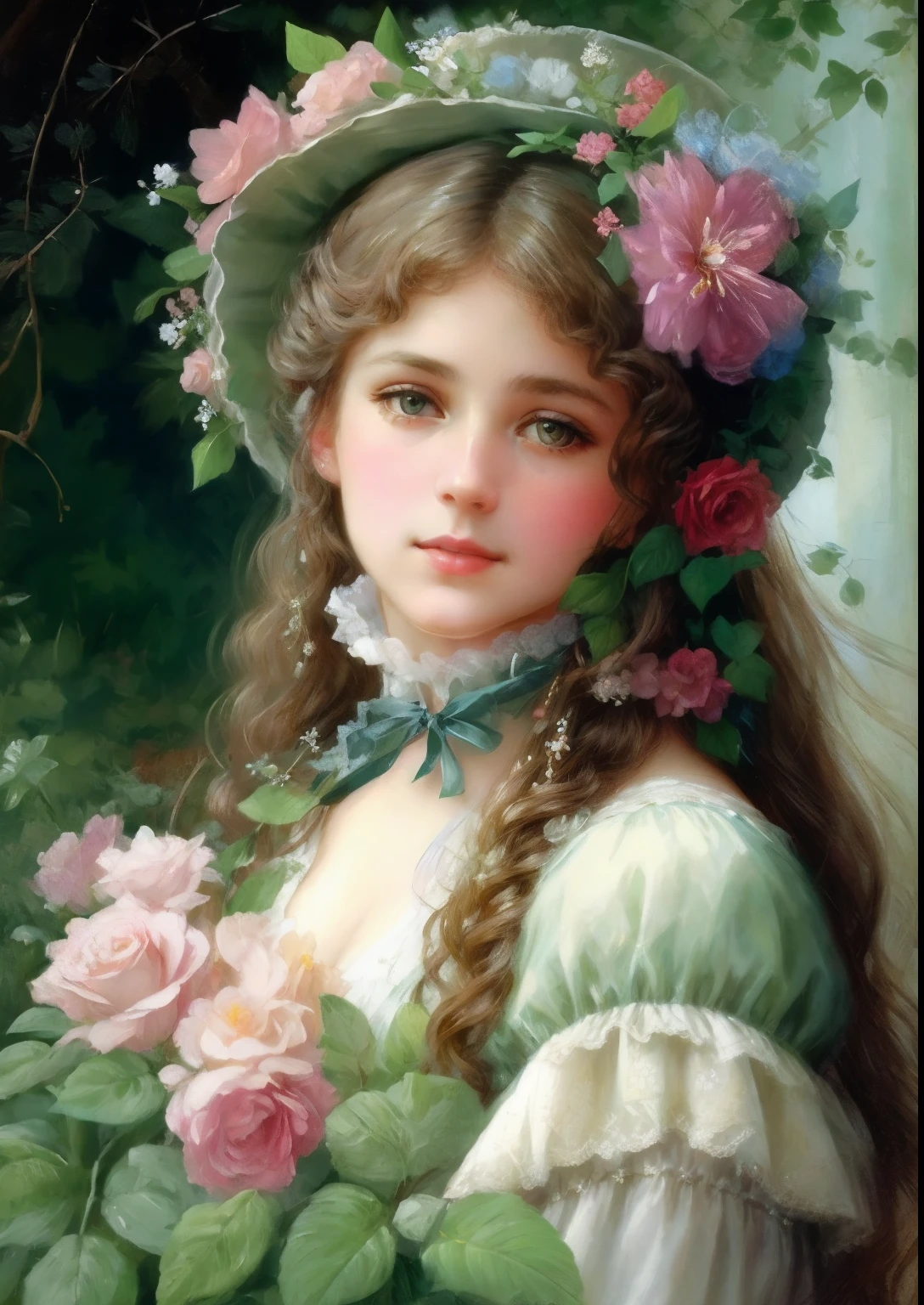 picture of a young girl with flowers in her hair, Beautiful Maiden, Beautiful Victorian woman, Victorian lady, beautiful portrait image, Fantasy Victorian art, Painting of the Romantic era, Victorian painting, painting of beautiful, Beautiful feminine face, Portrait in the Rococo style, Victorian woman portrait, very beautiful portrait, beautiful painting, Beautiful art, beautiful fantasy maiden, beautiful portrait oil painting