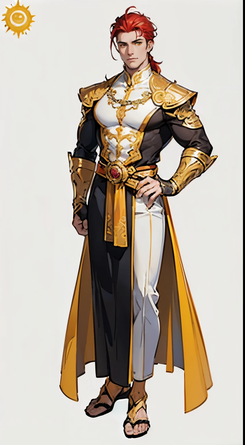 ((masterpiece,best quality,8k,highres)),((character concept art)), 1 male, middle- man, Sun God, 250cm height, slicked back hairstyle, (red hair colour), ultra finely detailed eyes (yellow eyes colour), extraordinary handsome, charming, (gentle smile), extremely body build ((muscular)), beefy body shape, ((intricate detail)), super finely detailed hands, ultra finely detailed fingers(((ten fingers))), skin-tight garment, Sun God outfit (gold colour outfit), stylish leather dress sandals, (standing still), (full body showcase), (show full body), (no logos on background), (no logo), ((plain background)), ((plain background)), (((empty background)))