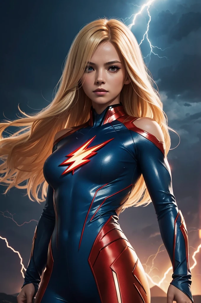 A woman with long, blonde hair is standing in front of a lightning-inspired background. She is dressed in a form-fitting blue and red bodysuit with a lightning bolt symbol, suggesting she may represent a superhero inspired by the Flash, due to the specific logo and color scheme of her attire. Her muscular shoulders are visible, and she has a serious expression on her face. The atmosphere of the image is charged with electric energy, complemented by lightning elements that appear to emanate from around her, contrasting with the deep brown background.