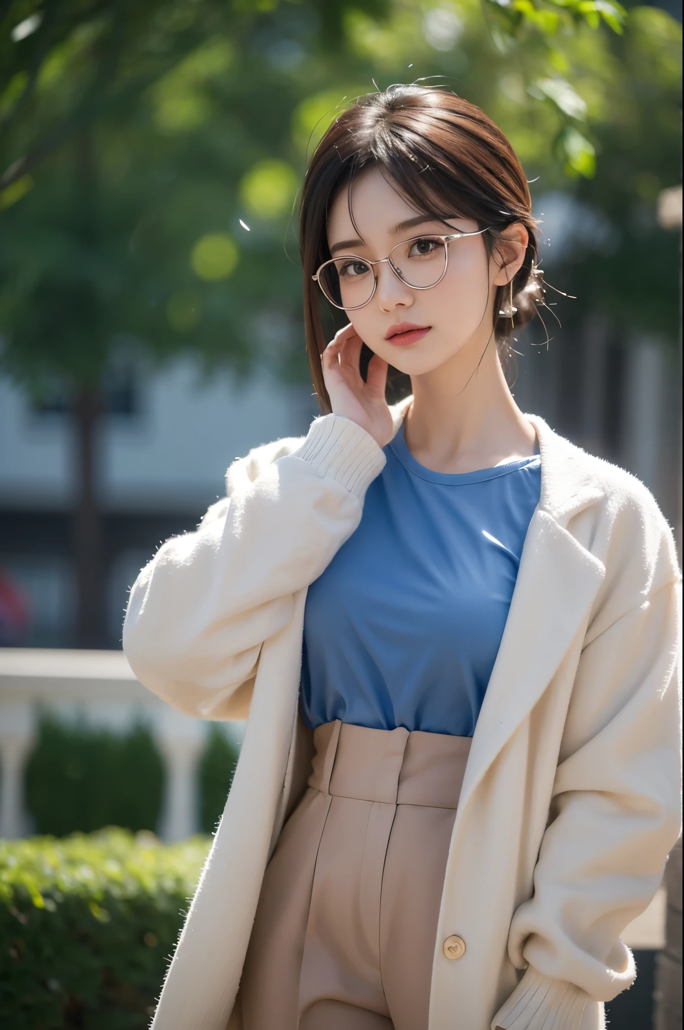 one wearing brown glasses、Man character wearing blue shirt and white coat, Animated characters, stylized characters, animation style rendering, 3D stylization, arnold maya render, stylized 3d render, Render key shots, 3D characters, 3D characters, stylized 3d render, 3D characters渲染, 人物, Close-up characters, Character pose, (pixar-style) (The main part:1.2) (bokeh) (Best quality) (delicate skin) (Detailed texture) (8K) (clay) (电影灯光) (lock focus