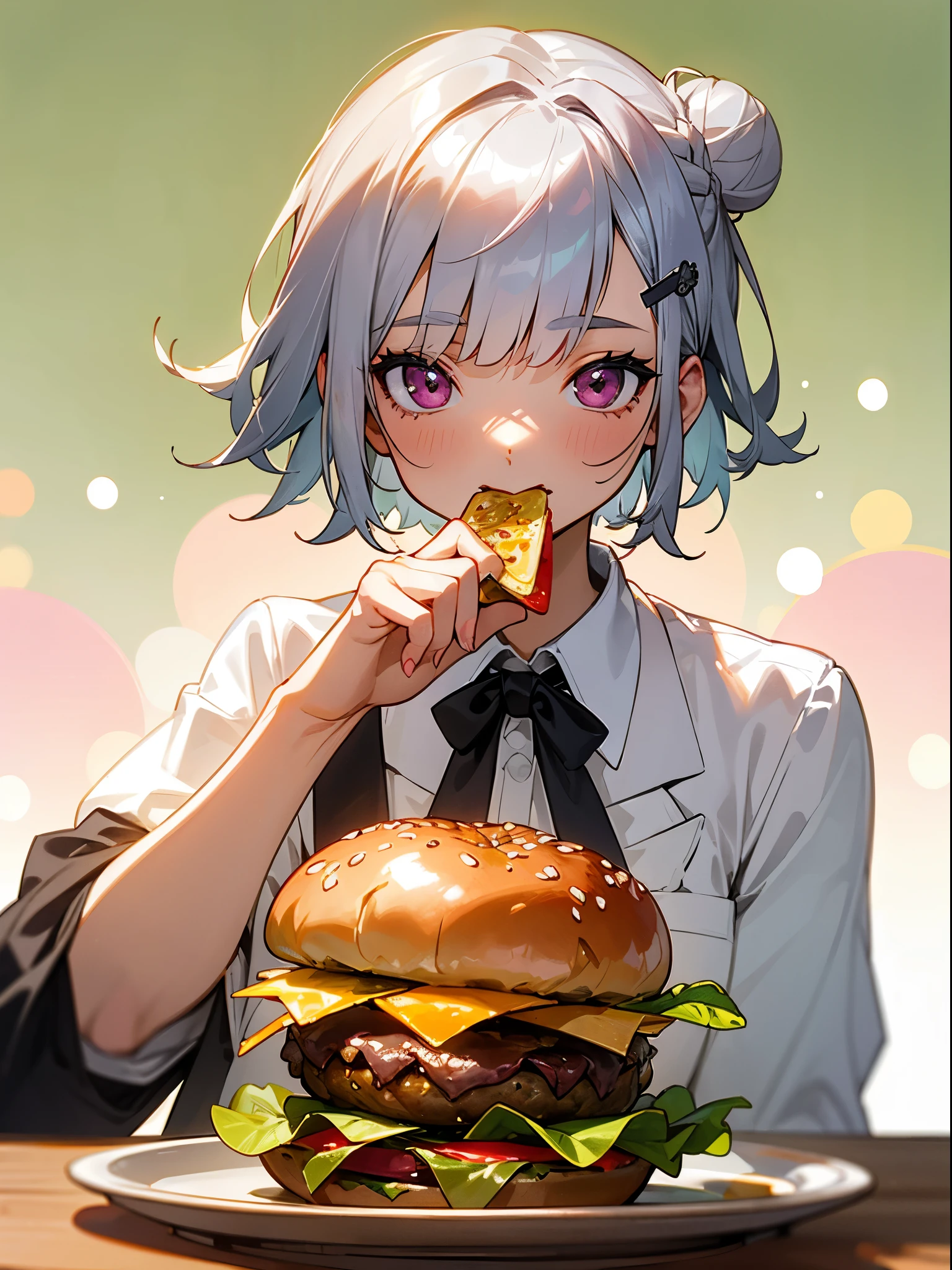 (Best Quality,hight resolution,Ultra-detailed),Eating a hamburger, Short hair with silver bob styled in a bun with hair clip, Pink eyes, Hamburger,  lettuce, fruits, tomatoes, onion, Bokeh background, depth of fields, Verdure, cheese、The table