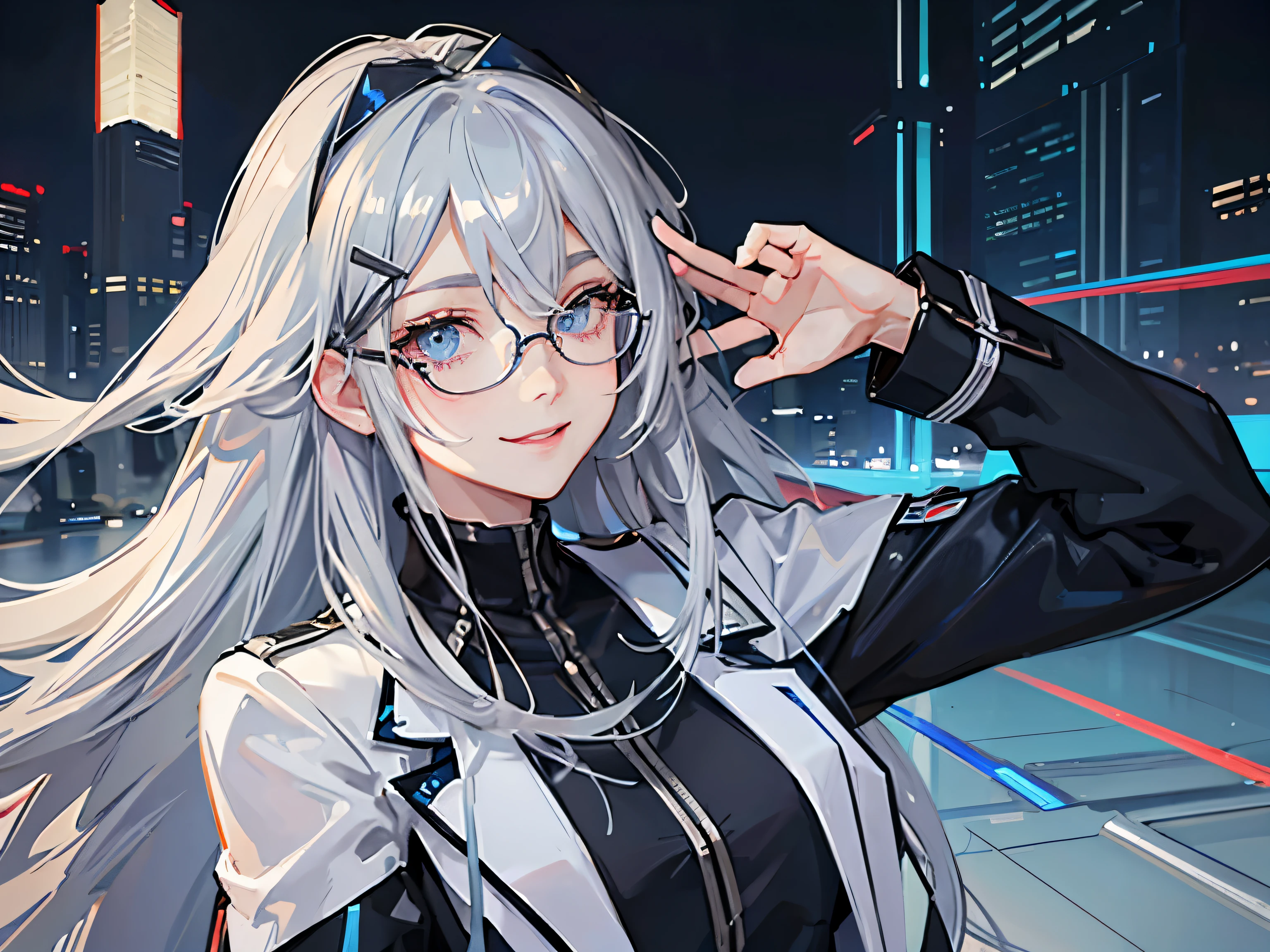 Full body lesbian, blue colored eyes, Cesa, silber hair, with gray hair, long whitr hair, hair pin, Wear glasses on your head, Multicolored eyes, the shy, ssmile, Japanese cartoon, modern, Japanese cartoon style, image fill, high detal, hyper HD, Best quality at best, A high resolution, Anatomically correct