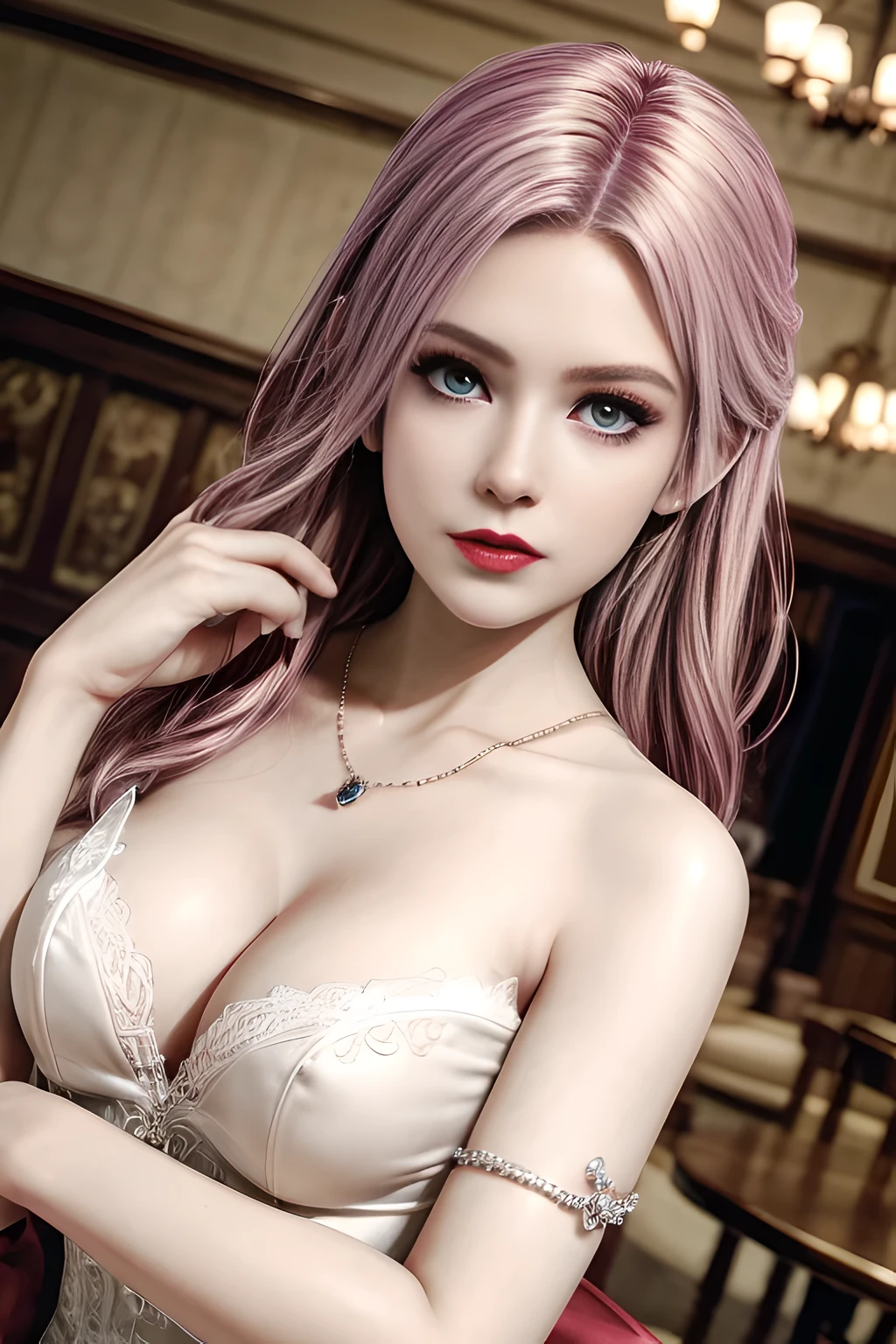 shot from afar,1 girl,Vampires, Elise,(in wedding dresses, bridal gown),((coffeehouse)),jewely,Tattooed with,Redlip,(Glossy glossy skin),鎖骨,Charming cleavage,(tmasterpiece:1.5), (Best quality at best:1.35),(Realistis:1.4), detailed,8K，computer graphics image processing,detailed头发,,Expressive eyes, s the perfect face, real fingers,depth of fields,Similar colors,a warm color palette,softlighting,low-contrast,(Bright color contrast composition),Desaturate Hue,