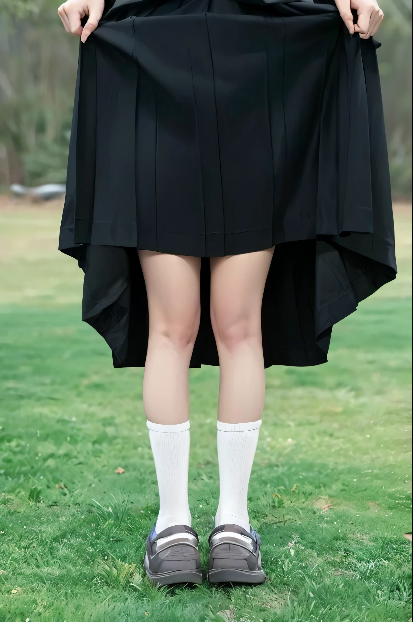 一个in a skirt和袜子拿着裙子的人的特写, wearing dresses and high socks, close-up on legs, wearing dresses, in a skirt, Wear a hakama, stockings and skirt, wearing black clothes and cape, wide skirt, thighs close together, Big thighs, Japan School Uniforms, wearing Japan School Uniforms, Black dress, Girl in uniform