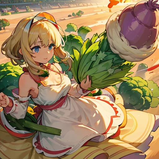 A girl covered in vegetable parfait serving a large vegetable、Amazing dynamism、Amazing Angle、unstable anti-gravity sandstorm、(((A lot of friendly vegetables floating closely and chasing each other)))、surround each other'large vegetable、Badly chopped vegetables are scattered、