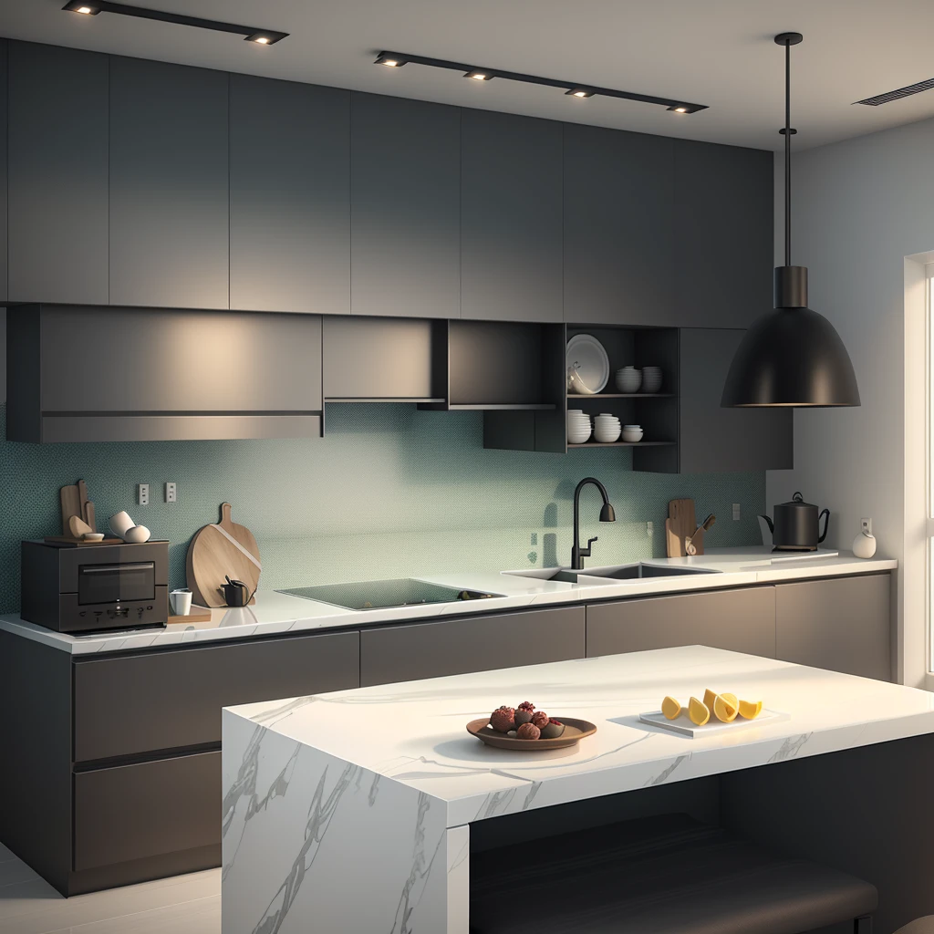 there is a kitchen with a marble island in the middle of the room, detailed archviz render, dark kitchen, cinematic render unreal engine, high quality 3 d render, high quality 3d render, unreal engine realistic render, vray 8k render, enscape render, realistic physical rendering, rendered in corona, unreal 5 engine highlly render, unreal 5 engine render