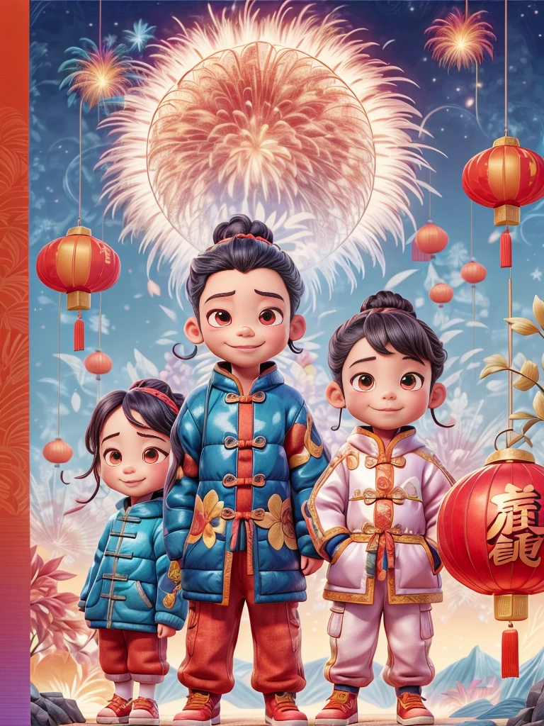 pixar-style, (Faraway view: 1.8), (China - Chic Chinese New Year New Year's Day, Anatomically correct, fire works,lanterns,Oriental elements), (5 cute children wearing down jackets,Hold a fairy stick,燃放fire works,手里拿着fire works), (China - Fashion illustration: 1.5, vector drawing: 1.5), (Chinese color, senior color matching, gradient backgrounds, white backgrounid: 1.5), (The is very detailed, Well designed, Clear lines, k hd, Best quality at best, tmasterpiece, offcial art, movie light effect, 8K)