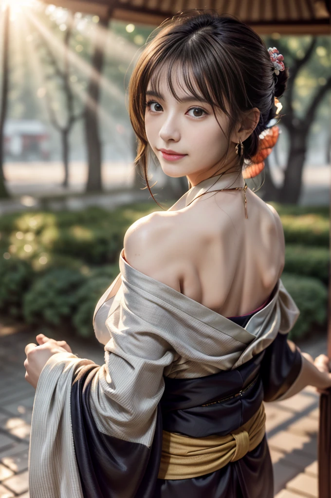 (Photoreal Stick:1.5, masutepiece:1.5, RAW shooting, 8K), (top-quality, masterpiece, 超A high resolution), morning, January, Precincts of the shrine, ((fog the lens:1.4)), ((Shoot with blur:1.5)), ((sunrises, Sunlight coming in from behind:1.6, Strong sunlight spreads across the screen:1.6)), ((Strong sunlight shines on a woman:1.7)), ((The entire screen appears white and hazy due to strong sunlight.:1.8)), ((The woman looks blurry due to the strong sunlight:1.9)), Face Sharp Focus:1.3, Professional camera work:1.3, Highly detailed skin and facial texture:1.3, Grow Light Effect, The ultra-detailliert:1.3, 1girl in, Fair skin, (Sense of clarity:1.4, a small face), Extremely beautiful face:1.5, (Sense of clarityを感じる目:0.9, looking distantly), A smile:1.0, i love you completely:0.8, (Slightly open mouth:0.4, Sense of clarityを感じる口当たり:0.7), 二重まぶた, Dark brown medium hair, necklace and earrings, (Japanese kimono off shoulder)