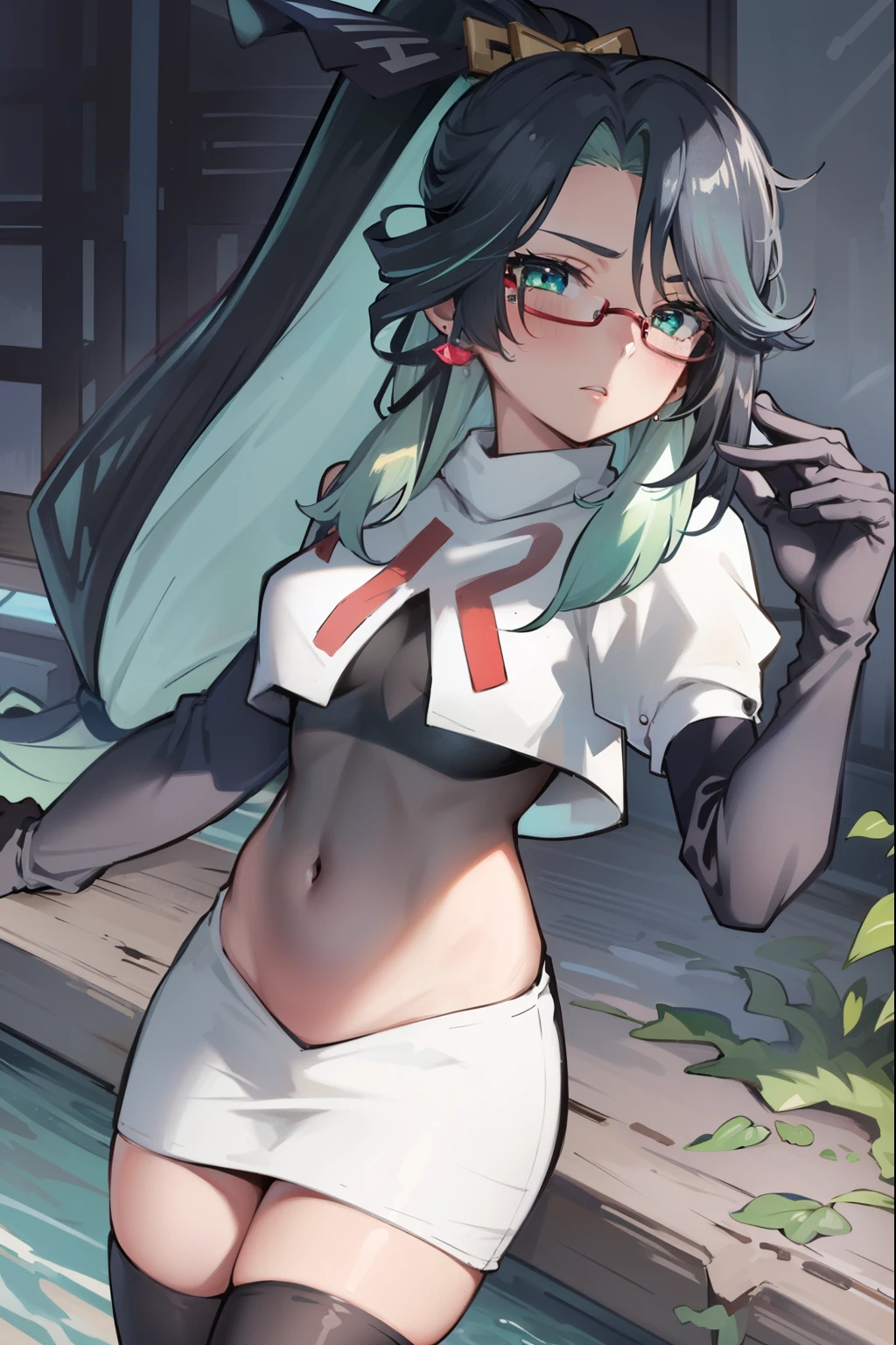 2d, masterpiece, best quality, anime, highly detailed face, perfect lighting, long hair, ponytail, multicolored hair, black hair, bangs, glasses, semi-rimless eyewear, earrings, green hair, hair ornament, jewelry, red-framed eyewear, green eyes, team rocket,team rocket uniform,white skirt,red letter R,crop top,black thigh-high boots,black elbow gloves, embarrassed, blush
