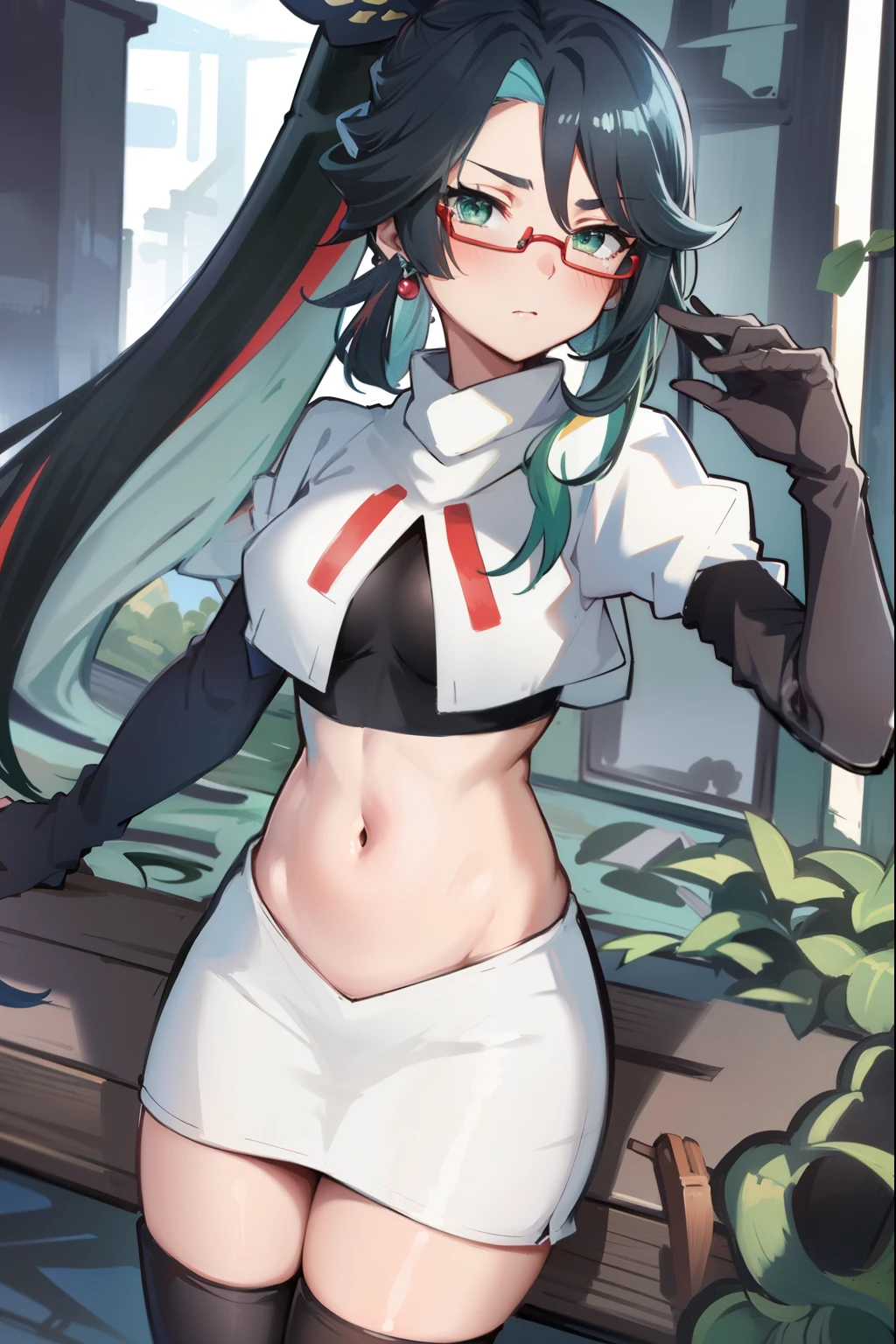 2d, masterpiece, best quality, anime, highly detailed face, perfect lighting, long hair, ponytail, multicolored hair, black hair, bangs, glasses, semi-rimless eyewear, earrings, green hair, hair ornament, jewelry, red-framed eyewear, green eyes, team rocket,team rocket uniform,white skirt,red letter R,crop top,black thigh-high boots,black elbow gloves, embarrassed, blush
