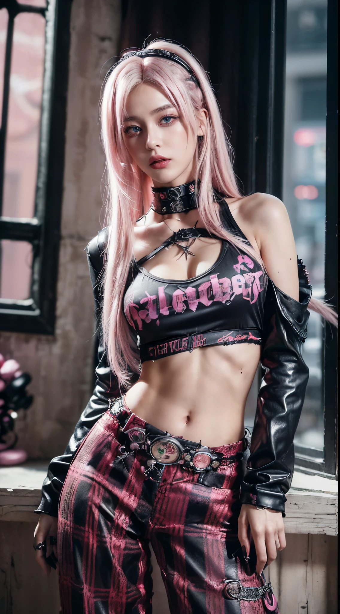 (Ultra-detailed eyes), (((textile shading))), (((Best Quality))), (((masutepiece))), (((Ultra-detailed CG))), sassy girl, (((magical girl))), (Petite), (tiny chest), blonde hair, blonde hair, blonde hair, pin up emo, ((fluffy hair, gorgeous hair)), Pink eyes, (((strong gothic cyberpunk atmosphere, cowboy shot, a woman with pink hair wearing a black top and plaid pants, cyberpunk art, gothic art, aesthetic cute with flutter, toon aesthetic, wearing red attire, wearing gothic accessories, midshot, centered image, eye on camera, front look, closer
