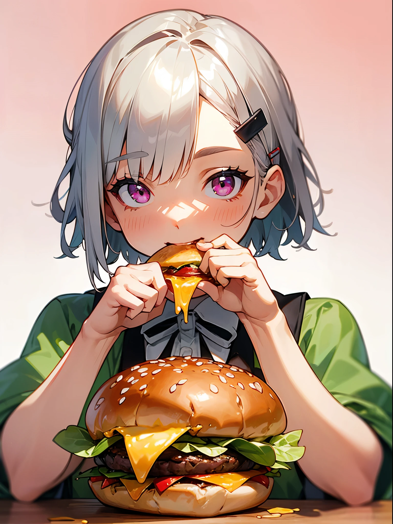 (Best Quality,hight resolution,Ultra-detailed),Eating a hamburger, Short hair with silver bob styled in a bun with hair clip, Pink eyes, Hamburger, lettuce, fruits, tomatoes, onion, Bokeh background, depth of fields, Verdure, cheese、The table