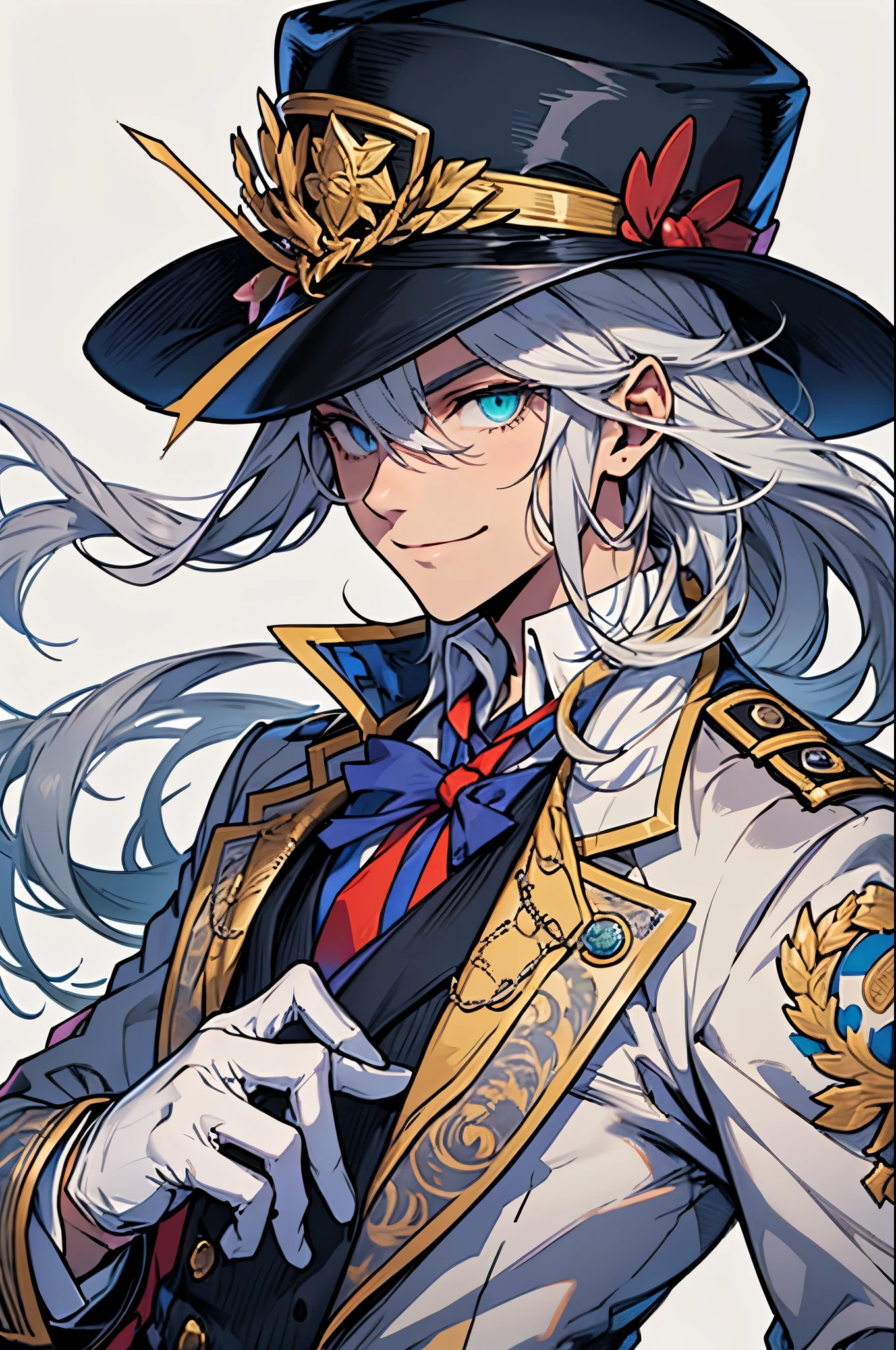Anime-style, Solo, 1boy, portrait of a Phantom Thief, mature male, tall, long hair, (Swept bangs), silver hair, Mint eyes, Tailcoat, White tie, (silk hat), white gloves, little smile, (white background), empty background, ultra-detailed face, detailed eyes, best quality, beautiful hair, sharp and crisp image, high quality textures, highly detailed, professional shading, perfectly structured,